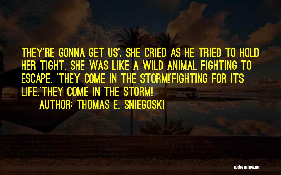 Thomas E. Sniegoski Quotes: They're Gonna Get Us', She Cried As He Tried To Hold Her Tight. She Was Like A Wild Animal Fighting
