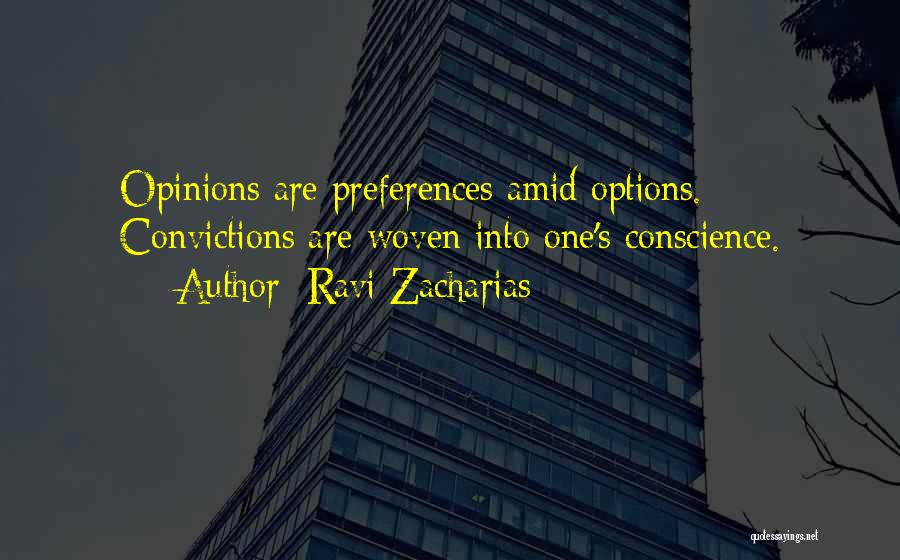 Ravi Zacharias Quotes: Opinions Are Preferences Amid Options. Convictions Are Woven Into One's Conscience.