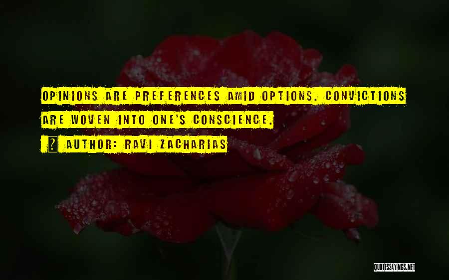 Ravi Zacharias Quotes: Opinions Are Preferences Amid Options. Convictions Are Woven Into One's Conscience.