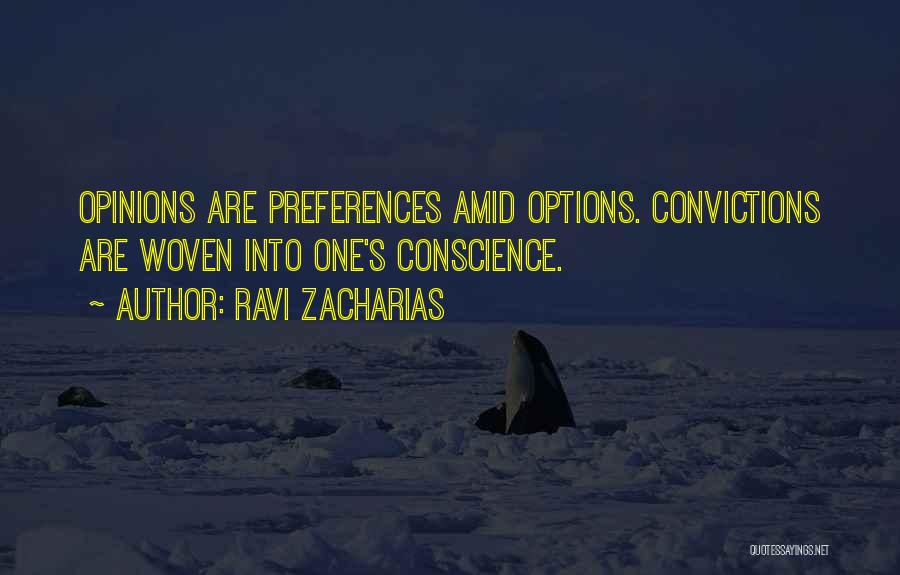 Ravi Zacharias Quotes: Opinions Are Preferences Amid Options. Convictions Are Woven Into One's Conscience.