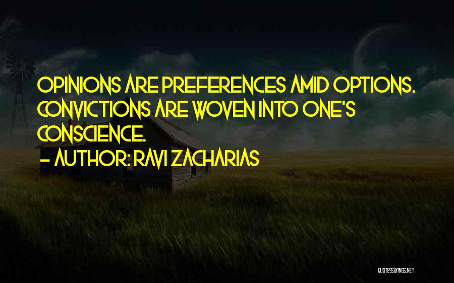Ravi Zacharias Quotes: Opinions Are Preferences Amid Options. Convictions Are Woven Into One's Conscience.