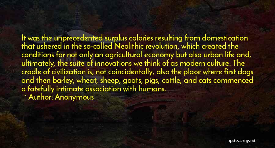 Anonymous Quotes: It Was The Unprecedented Surplus Calories Resulting From Domestication That Ushered In The So-called Neolithic Revolution, Which Created The Conditions