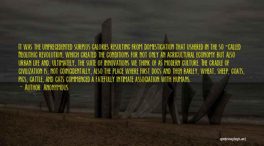 Anonymous Quotes: It Was The Unprecedented Surplus Calories Resulting From Domestication That Ushered In The So-called Neolithic Revolution, Which Created The Conditions