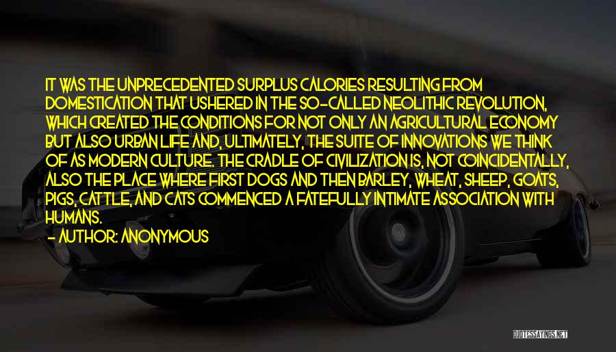 Anonymous Quotes: It Was The Unprecedented Surplus Calories Resulting From Domestication That Ushered In The So-called Neolithic Revolution, Which Created The Conditions