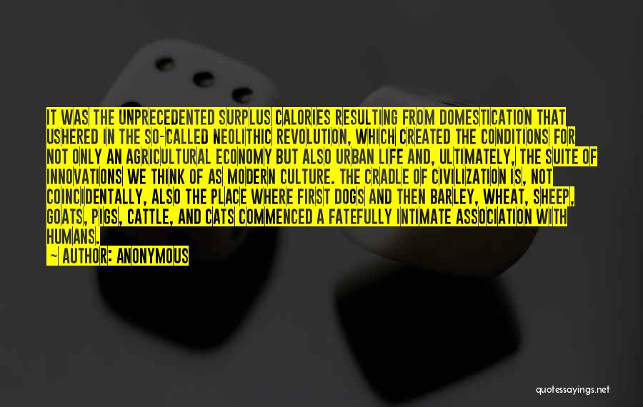 Anonymous Quotes: It Was The Unprecedented Surplus Calories Resulting From Domestication That Ushered In The So-called Neolithic Revolution, Which Created The Conditions