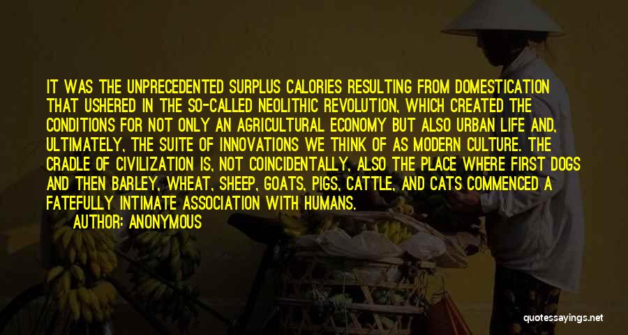 Anonymous Quotes: It Was The Unprecedented Surplus Calories Resulting From Domestication That Ushered In The So-called Neolithic Revolution, Which Created The Conditions