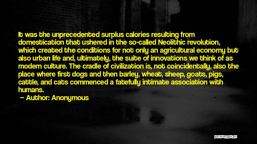 Anonymous Quotes: It Was The Unprecedented Surplus Calories Resulting From Domestication That Ushered In The So-called Neolithic Revolution, Which Created The Conditions