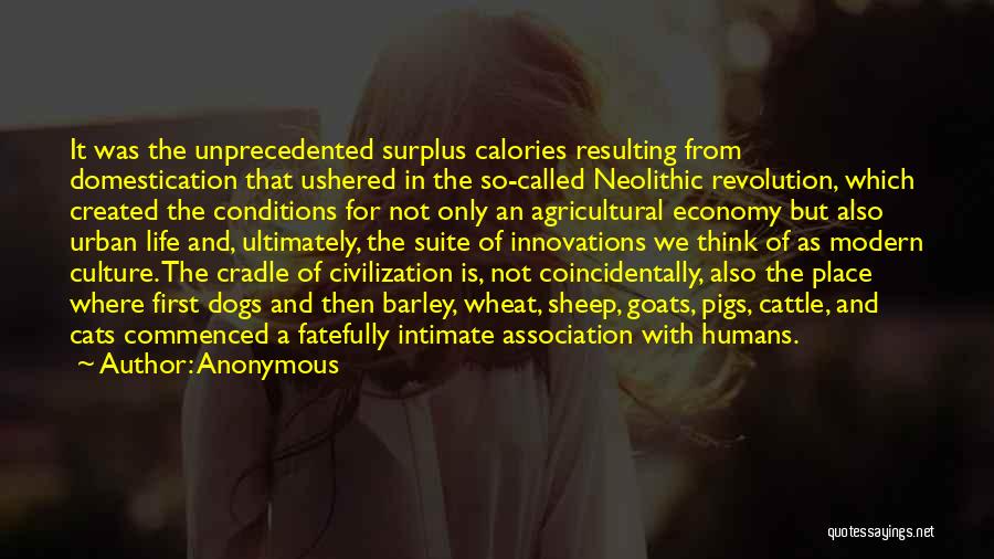 Anonymous Quotes: It Was The Unprecedented Surplus Calories Resulting From Domestication That Ushered In The So-called Neolithic Revolution, Which Created The Conditions