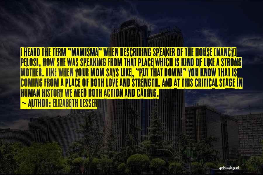 Elizabeth Lesser Quotes: I Heard The Term Mamisma When Describing Speaker Of The House [nancy] Pelosi, How She Was Speaking From That Place