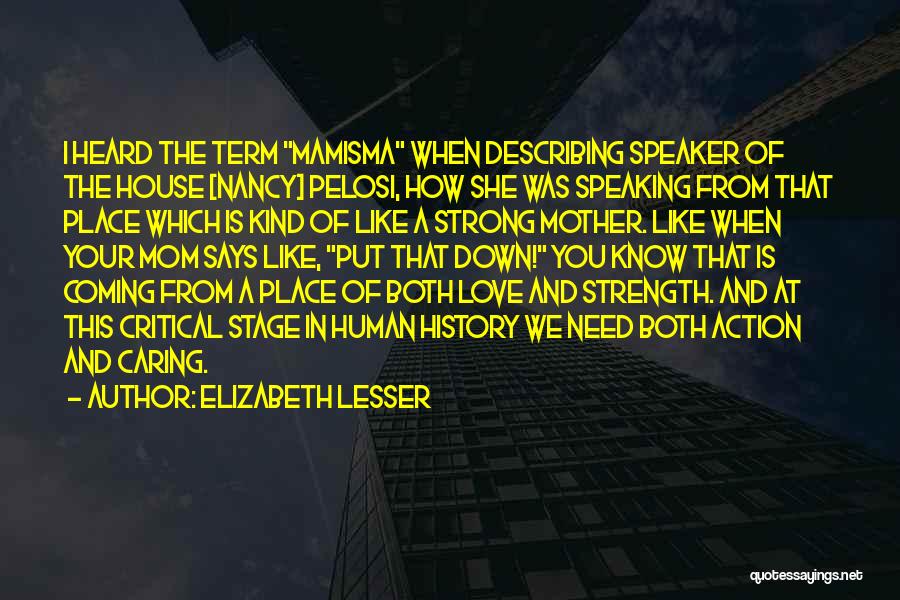 Elizabeth Lesser Quotes: I Heard The Term Mamisma When Describing Speaker Of The House [nancy] Pelosi, How She Was Speaking From That Place