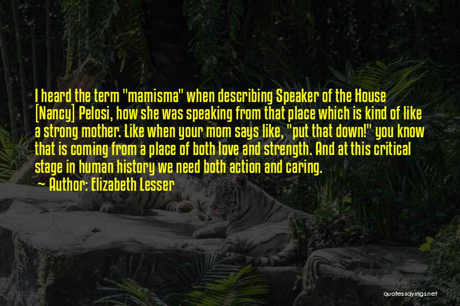 Elizabeth Lesser Quotes: I Heard The Term Mamisma When Describing Speaker Of The House [nancy] Pelosi, How She Was Speaking From That Place