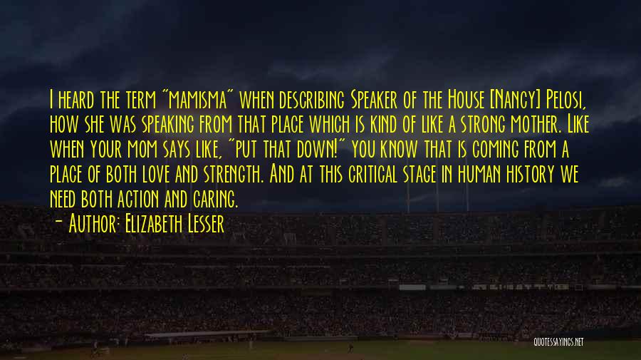 Elizabeth Lesser Quotes: I Heard The Term Mamisma When Describing Speaker Of The House [nancy] Pelosi, How She Was Speaking From That Place