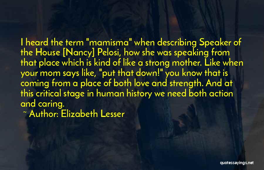 Elizabeth Lesser Quotes: I Heard The Term Mamisma When Describing Speaker Of The House [nancy] Pelosi, How She Was Speaking From That Place