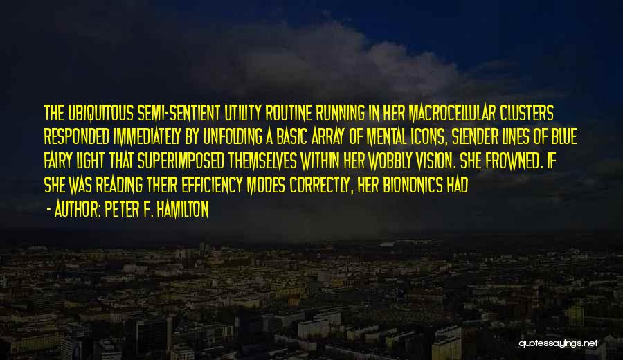 Peter F. Hamilton Quotes: The Ubiquitous Semi-sentient Utility Routine Running In Her Macrocellular Clusters Responded Immediately By Unfolding A Basic Array Of Mental Icons,