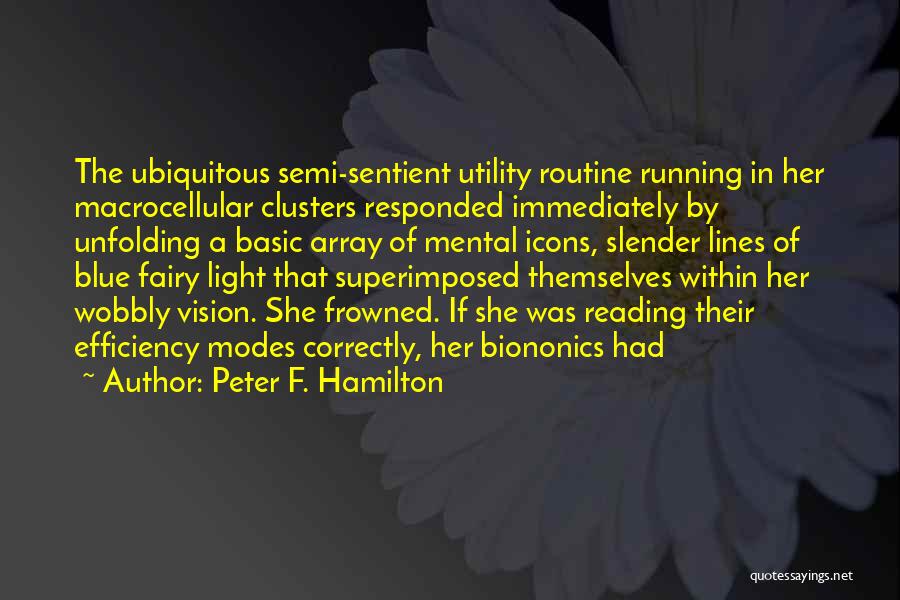 Peter F. Hamilton Quotes: The Ubiquitous Semi-sentient Utility Routine Running In Her Macrocellular Clusters Responded Immediately By Unfolding A Basic Array Of Mental Icons,