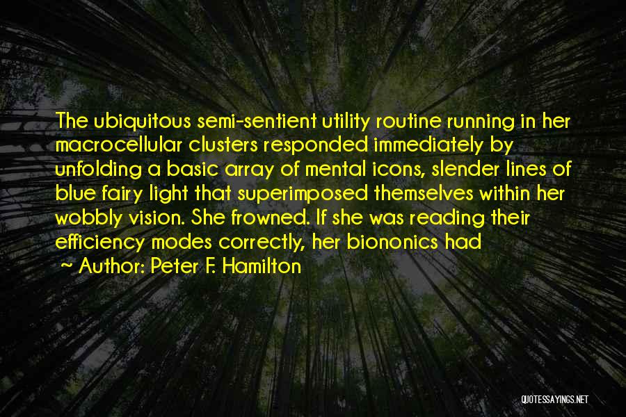 Peter F. Hamilton Quotes: The Ubiquitous Semi-sentient Utility Routine Running In Her Macrocellular Clusters Responded Immediately By Unfolding A Basic Array Of Mental Icons,