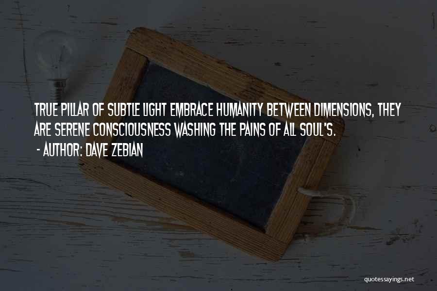 Dave Zebian Quotes: True Pillar Of Subtle Light Embrace Humanity Between Dimensions, They Are Serene Consciousness Washing The Pains Of All Soul's.