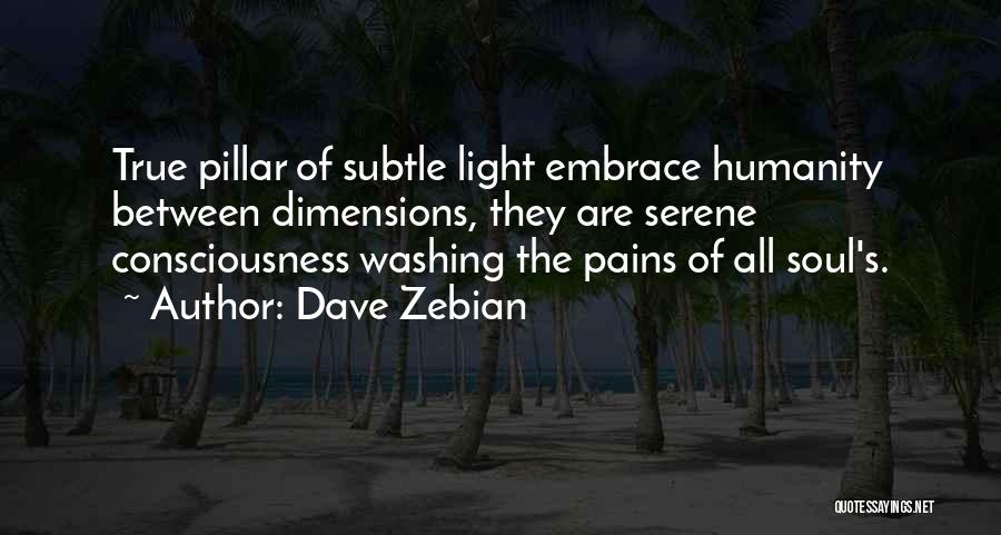 Dave Zebian Quotes: True Pillar Of Subtle Light Embrace Humanity Between Dimensions, They Are Serene Consciousness Washing The Pains Of All Soul's.