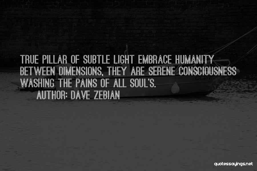 Dave Zebian Quotes: True Pillar Of Subtle Light Embrace Humanity Between Dimensions, They Are Serene Consciousness Washing The Pains Of All Soul's.