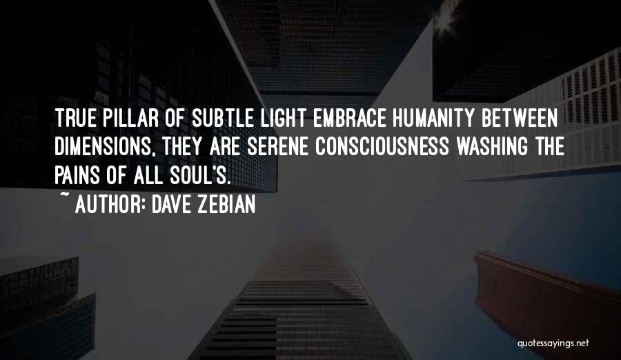 Dave Zebian Quotes: True Pillar Of Subtle Light Embrace Humanity Between Dimensions, They Are Serene Consciousness Washing The Pains Of All Soul's.