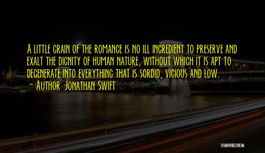 Jonathan Swift Quotes: A Little Grain Of The Romance Is No Ill Ingredient To Preserve And Exalt The Dignity Of Human Nature, Without