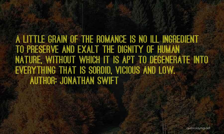 Jonathan Swift Quotes: A Little Grain Of The Romance Is No Ill Ingredient To Preserve And Exalt The Dignity Of Human Nature, Without