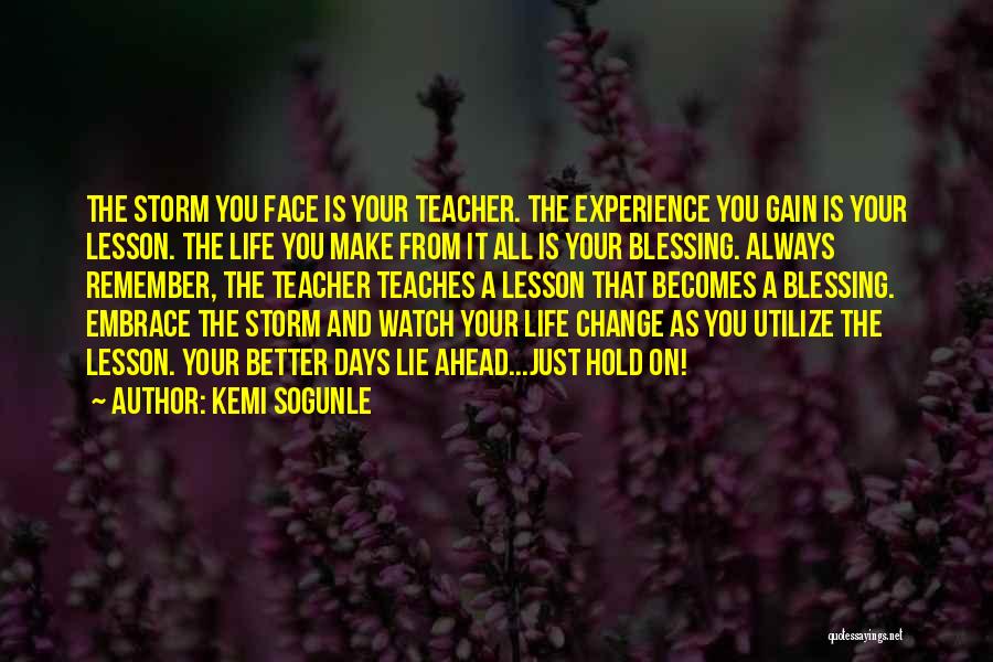 Kemi Sogunle Quotes: The Storm You Face Is Your Teacher. The Experience You Gain Is Your Lesson. The Life You Make From It