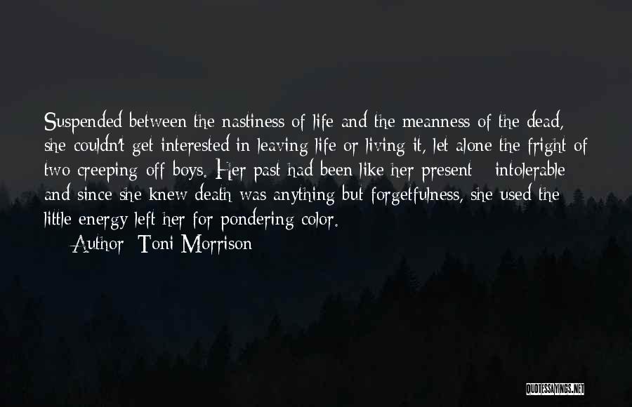 Toni Morrison Quotes: Suspended Between The Nastiness Of Life And The Meanness Of The Dead, She Couldn't Get Interested In Leaving Life Or