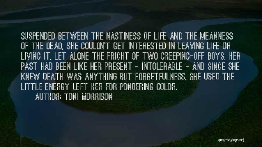 Toni Morrison Quotes: Suspended Between The Nastiness Of Life And The Meanness Of The Dead, She Couldn't Get Interested In Leaving Life Or