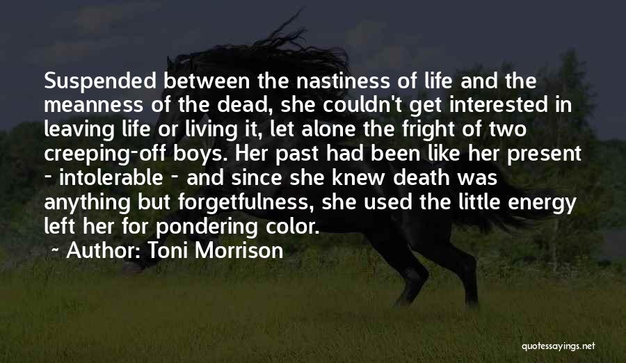 Toni Morrison Quotes: Suspended Between The Nastiness Of Life And The Meanness Of The Dead, She Couldn't Get Interested In Leaving Life Or