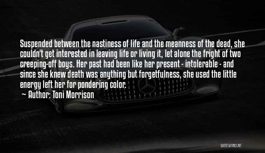 Toni Morrison Quotes: Suspended Between The Nastiness Of Life And The Meanness Of The Dead, She Couldn't Get Interested In Leaving Life Or