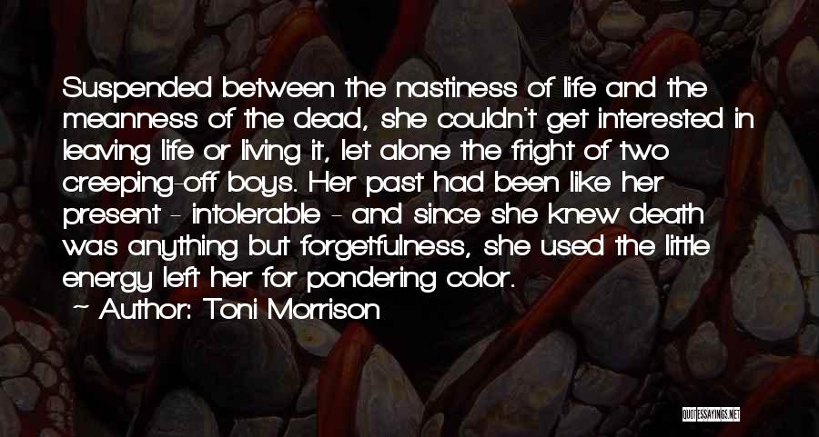 Toni Morrison Quotes: Suspended Between The Nastiness Of Life And The Meanness Of The Dead, She Couldn't Get Interested In Leaving Life Or