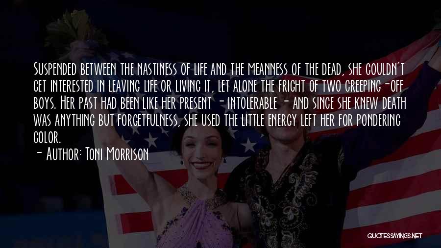 Toni Morrison Quotes: Suspended Between The Nastiness Of Life And The Meanness Of The Dead, She Couldn't Get Interested In Leaving Life Or