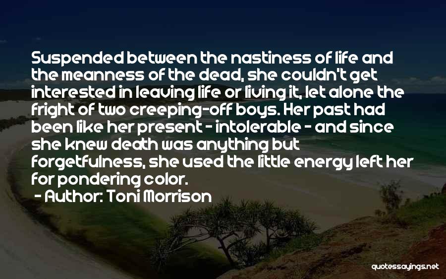 Toni Morrison Quotes: Suspended Between The Nastiness Of Life And The Meanness Of The Dead, She Couldn't Get Interested In Leaving Life Or