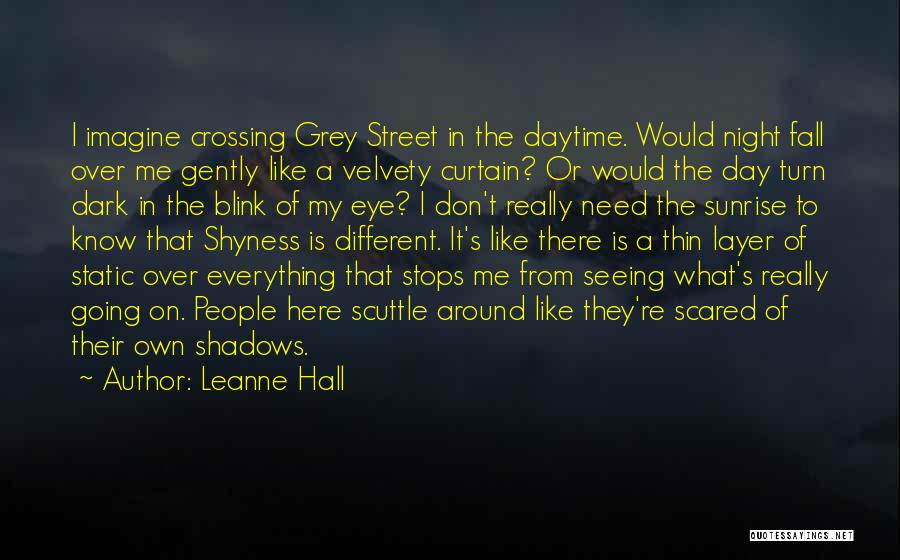 Leanne Hall Quotes: I Imagine Crossing Grey Street In The Daytime. Would Night Fall Over Me Gently Like A Velvety Curtain? Or Would