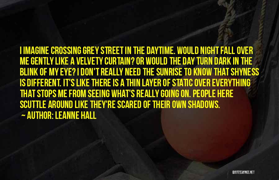 Leanne Hall Quotes: I Imagine Crossing Grey Street In The Daytime. Would Night Fall Over Me Gently Like A Velvety Curtain? Or Would