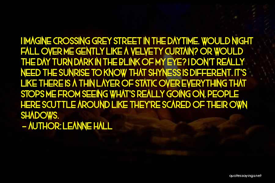 Leanne Hall Quotes: I Imagine Crossing Grey Street In The Daytime. Would Night Fall Over Me Gently Like A Velvety Curtain? Or Would