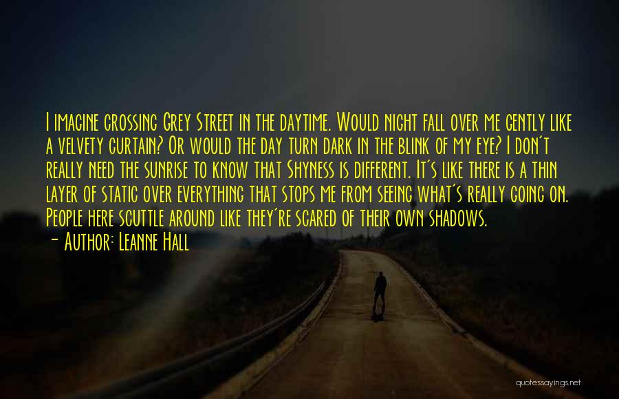 Leanne Hall Quotes: I Imagine Crossing Grey Street In The Daytime. Would Night Fall Over Me Gently Like A Velvety Curtain? Or Would