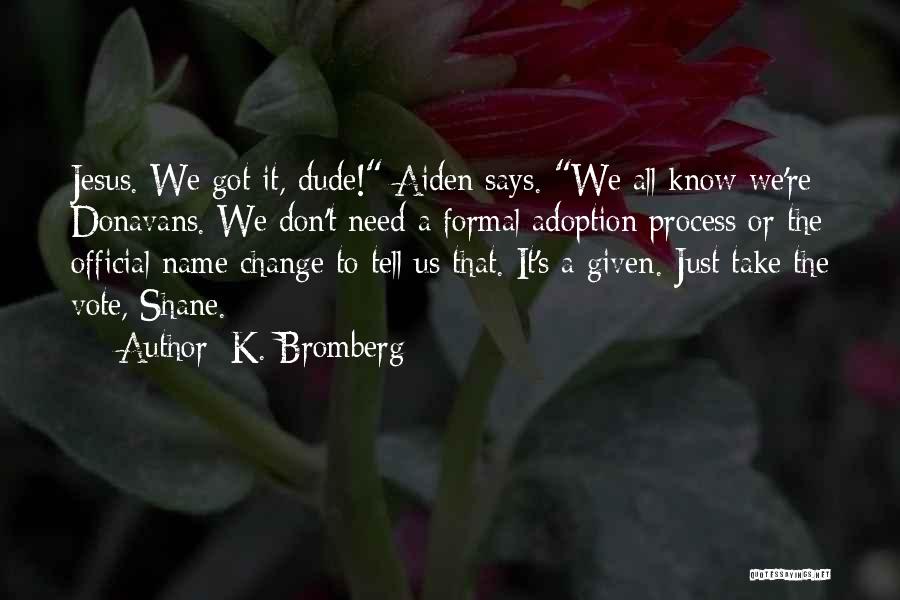K. Bromberg Quotes: Jesus. We Got It, Dude! Aiden Says. We All Know We're Donavans. We Don't Need A Formal Adoption Process Or