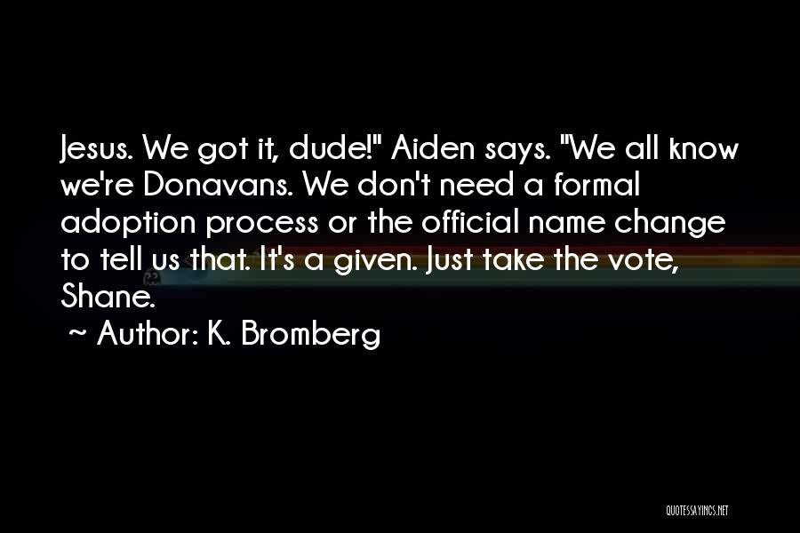 K. Bromberg Quotes: Jesus. We Got It, Dude! Aiden Says. We All Know We're Donavans. We Don't Need A Formal Adoption Process Or