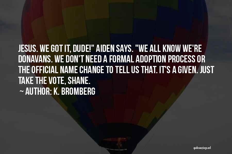 K. Bromberg Quotes: Jesus. We Got It, Dude! Aiden Says. We All Know We're Donavans. We Don't Need A Formal Adoption Process Or