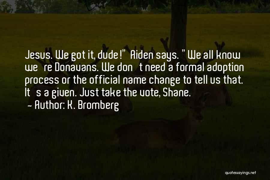 K. Bromberg Quotes: Jesus. We Got It, Dude! Aiden Says. We All Know We're Donavans. We Don't Need A Formal Adoption Process Or