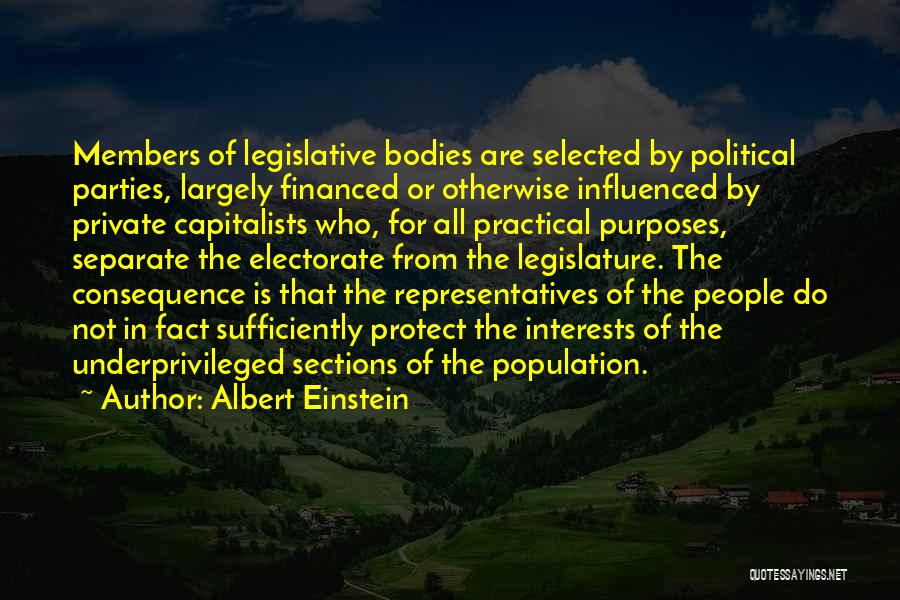 Albert Einstein Quotes: Members Of Legislative Bodies Are Selected By Political Parties, Largely Financed Or Otherwise Influenced By Private Capitalists Who, For All
