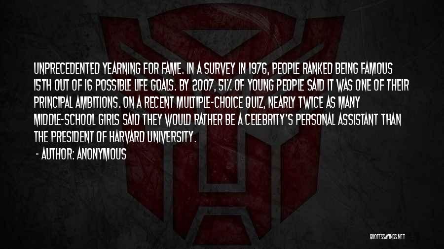 Anonymous Quotes: Unprecedented Yearning For Fame. In A Survey In 1976, People Ranked Being Famous 15th Out Of 16 Possible Life Goals.