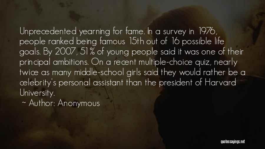 Anonymous Quotes: Unprecedented Yearning For Fame. In A Survey In 1976, People Ranked Being Famous 15th Out Of 16 Possible Life Goals.