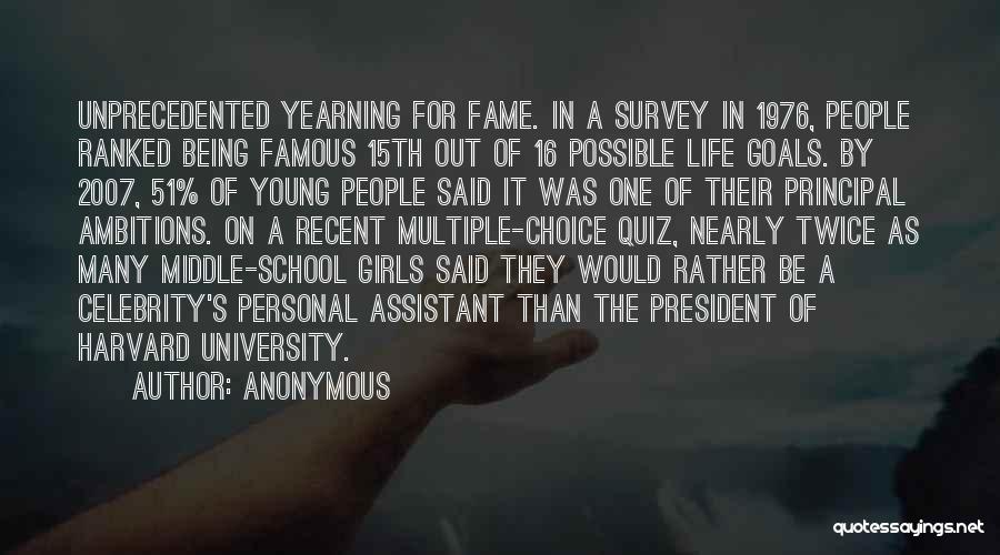 Anonymous Quotes: Unprecedented Yearning For Fame. In A Survey In 1976, People Ranked Being Famous 15th Out Of 16 Possible Life Goals.