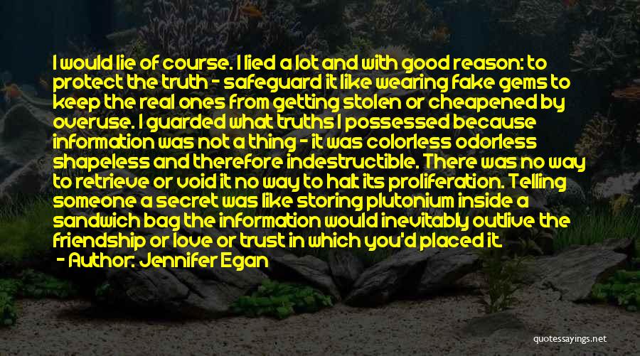 Jennifer Egan Quotes: I Would Lie Of Course. I Lied A Lot And With Good Reason: To Protect The Truth - Safeguard It