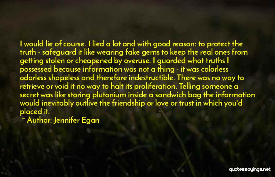 Jennifer Egan Quotes: I Would Lie Of Course. I Lied A Lot And With Good Reason: To Protect The Truth - Safeguard It