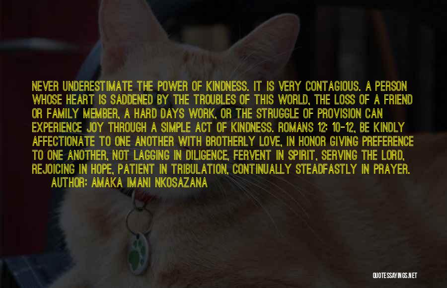 Amaka Imani Nkosazana Quotes: Never Underestimate The Power Of Kindness. It Is Very Contagious. A Person Whose Heart Is Saddened By The Troubles Of