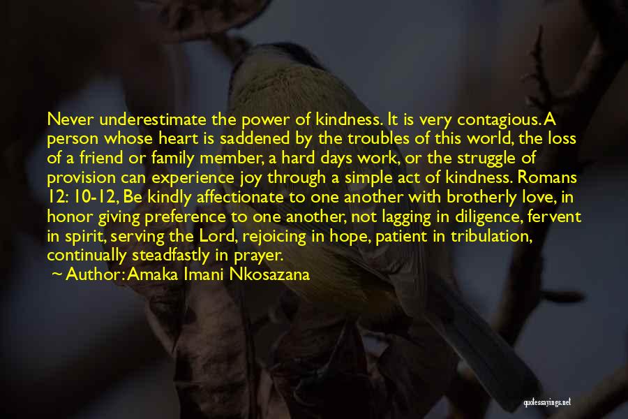 Amaka Imani Nkosazana Quotes: Never Underestimate The Power Of Kindness. It Is Very Contagious. A Person Whose Heart Is Saddened By The Troubles Of